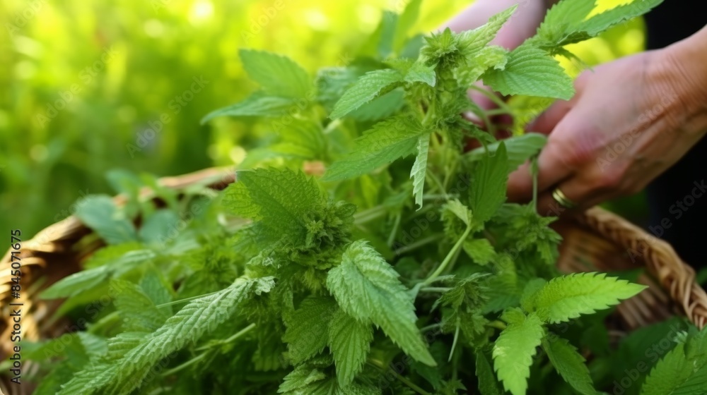 Female hands holding basket of fresh mint leaf's in the garden Female hands holding basket of fresh mint leaf's in the garden