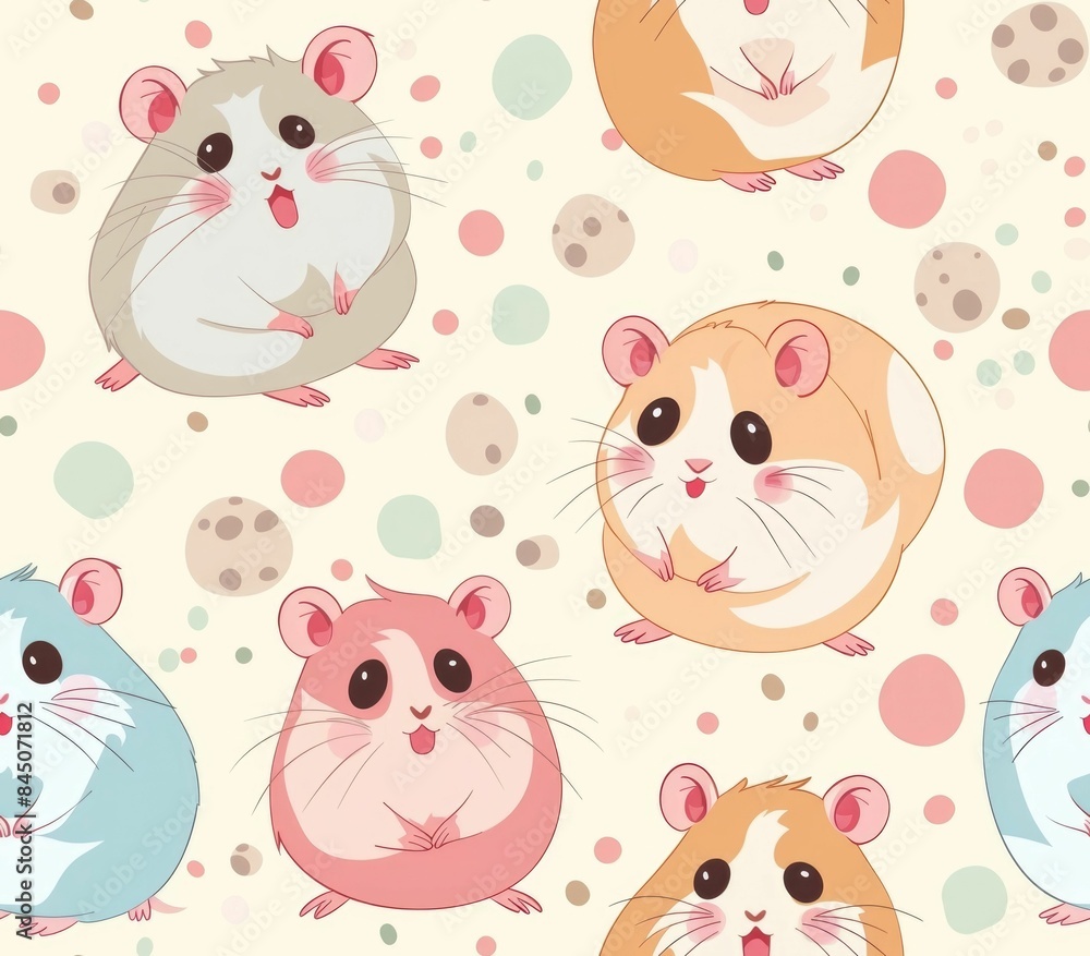 Charming seamless pattern featuring a group of playful cartoon hamsters in soft pastel colors surrounded by whimsical wheels and tunnels perfect for children s decor home textiles scrapbooking Charming seamless pattern featuring a group of playful cartoon hamsters in soft pastel colors surrounded by whimsical wheels and tunnels perfect for children s decor home textiles scrapbooking