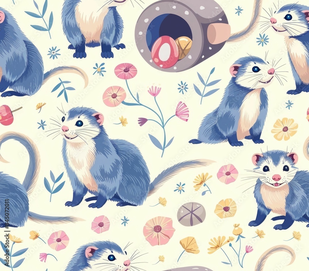 Naklejka premium Seamless pattern featuring a delightful and playful scene of ferrets exploring tunnels and playing with various toys in a soft pastel color palette