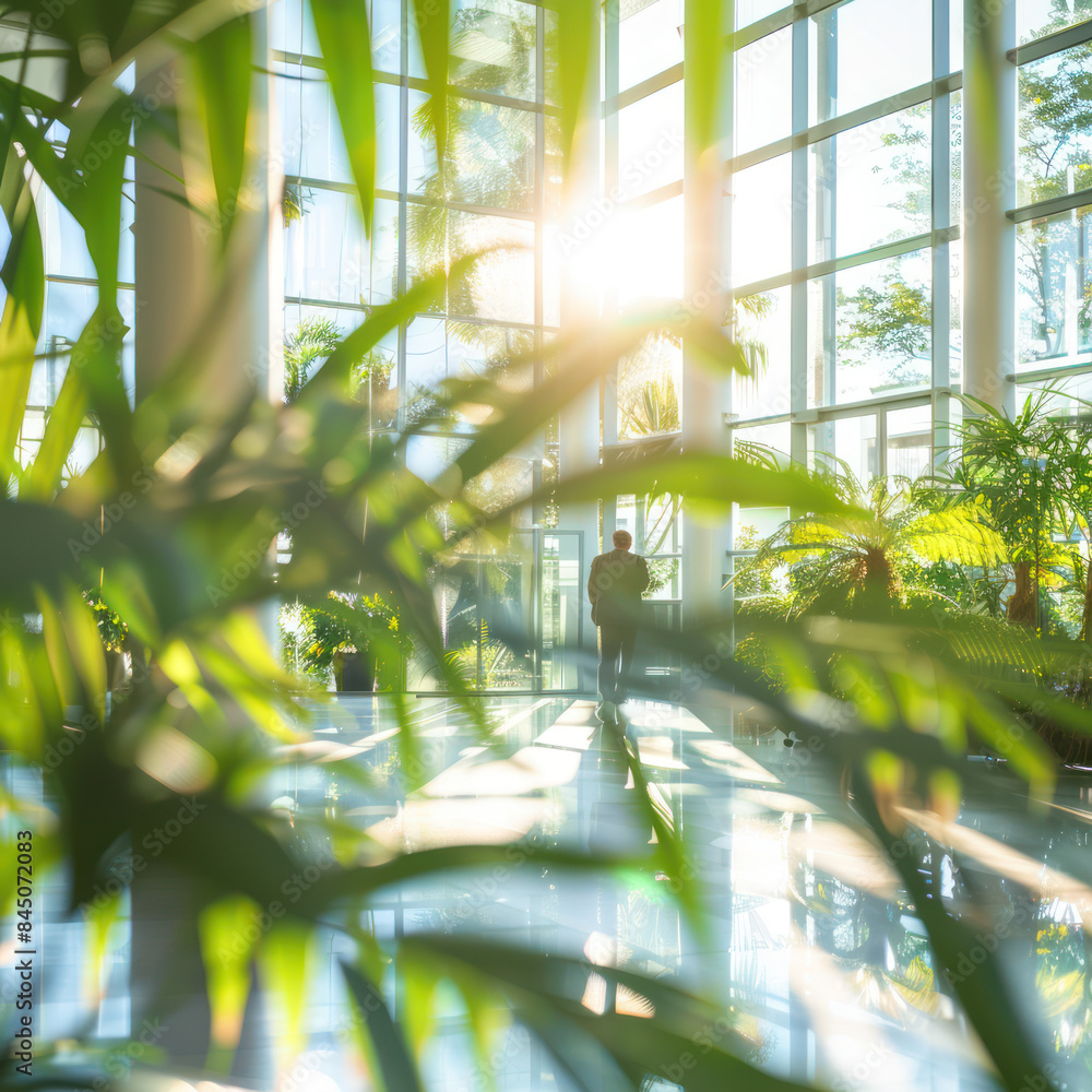 a person in an office building surrounded by green plants and sunlight a person in an office building surrounded by green plants and sunlight