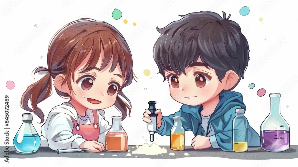 Adorable cartoon style chibi boy and girl characters enthusiastically conducting a simple science experiment with baking soda and vinegar in a whimsical science lab setting Adorable cartoon style chibi boy and girl characters enthusiastically conducting a simple science experiment with baking soda and vinegar in a whimsical science lab setting