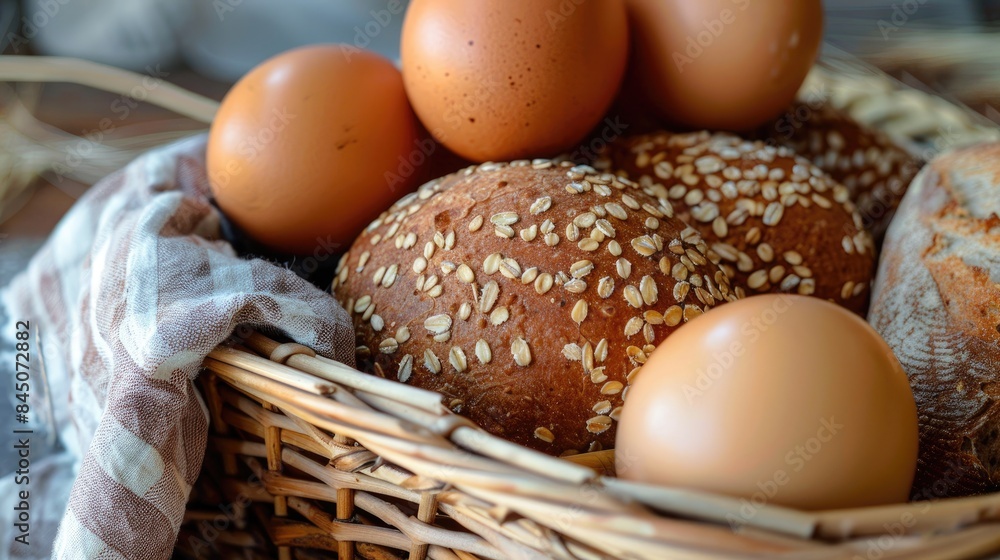 Eggs and whole wheat bread in a wooden basket Eggs and whole wheat bread in a wooden basket