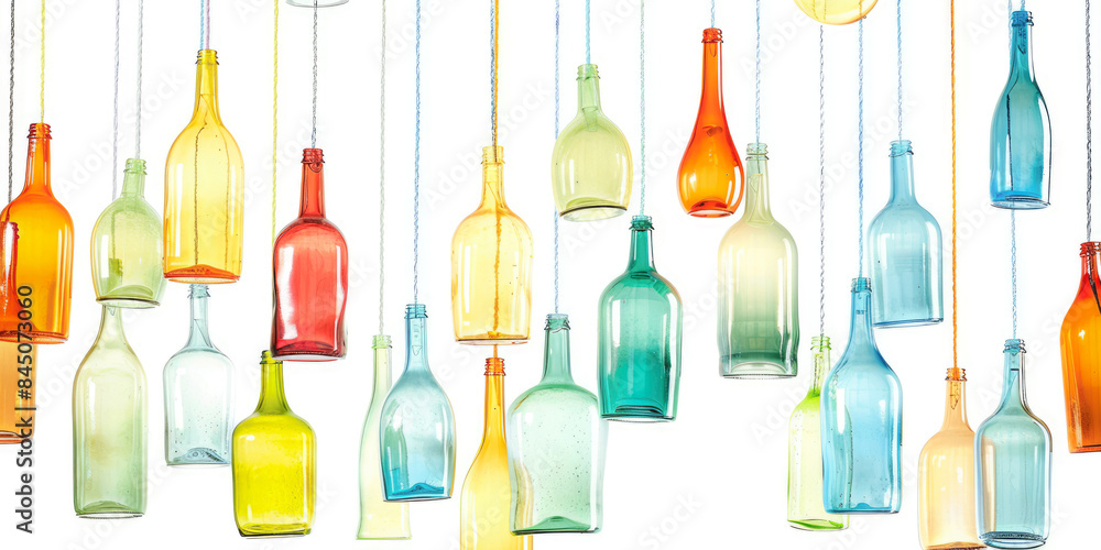 Multicolored Bottles Hanging On A String On A White Background As Wallpaper Created Using Artificial Intelligence Multicolored Bottles Hanging On A String On A White Background As Wallpaper Created Using Artificial Intelligence