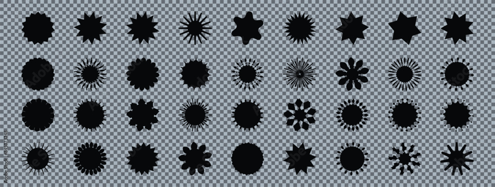 Fototapeta premium Black blank stickers promo set. Collection of flat starburst, sale or price tag, quality mark design, retro 70s or 80s discount badge sunray promotional element. Vector illustration of hipster badges.