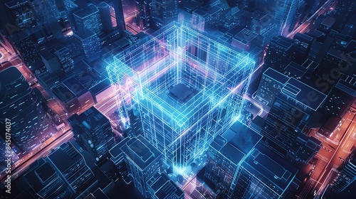 Wallpaper Mural Digital twin of smart city, urban center with buildings and streets surrounded by glowing blue lines forming an abstract cube shape. copy space for text. Torontodigital.ca