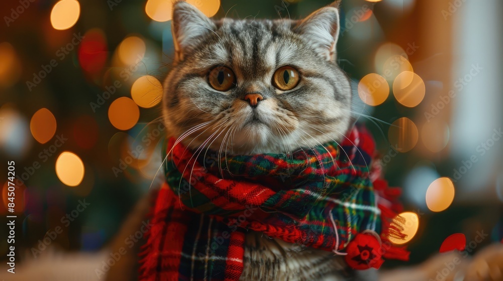 Stylish pedigree Scottish fold cat in festive attire exudes confidence in professional setting Stylish pedigree Scottish fold cat in festive attire exudes confidence in professional setting