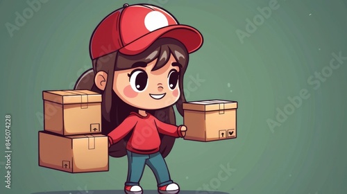 of a cute chibi style cartoon delivery woman carrying multiple cardboard parcels with a determined focused expression on her face She is engaged in the task of transporting packages or shipments
