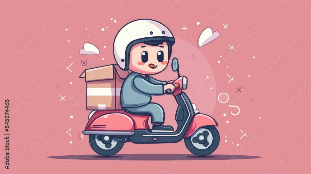 Cute Cartoon Chibi Delivery Person Riding a Scooter Balancing a Package Box on the Back of a Cheerful Male Character Delivering Parcels or Goods by Motorcycle in a Stylized Animated Design Cute Cartoon Chibi Delivery Person Riding a Scooter Balancing a Package Box on the Back of a Cheerful Male Character Delivering Parcels or Goods by Motorcycle in a Stylized Animated Design
