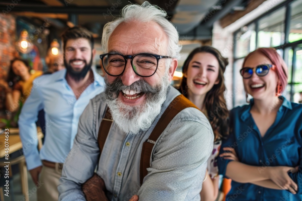 Portrait of smiling senior businessman with colleagues in background at coffee shop Portrait of smiling senior businessman with colleagues in background at coffee shop