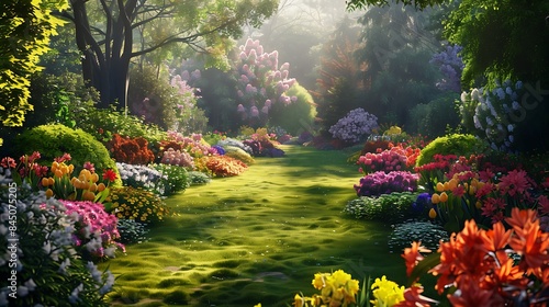 A vibrant garden with blooming flowers and lush greenery on a sunny day.