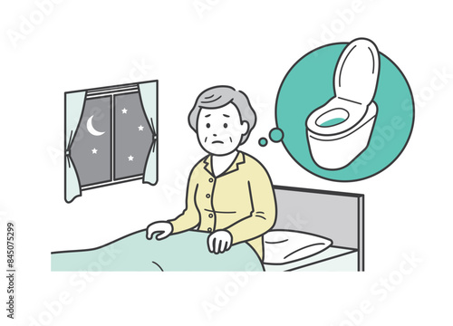 睡眠中に尿意を覚えストレスを感じる夜間頻尿に悩む高齢女性のイラスト