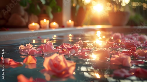 Romantic Candlelit Spa with Rose Petals. Romantic candlelit spa scene with rose petals floating on water, creating a serene and intimate atmosphere.