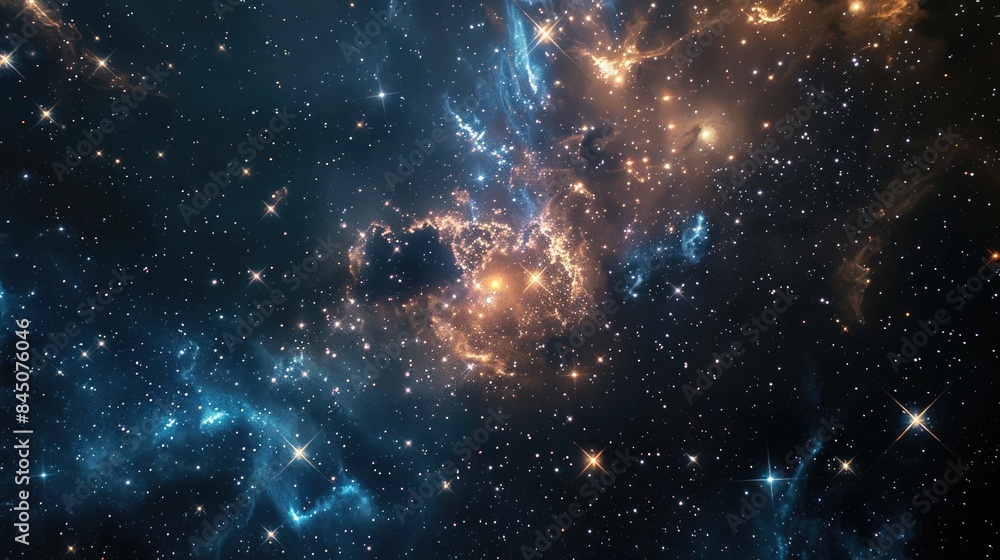 Naklejka premium Colorful cosmic nebula veiled in space dust, a celestial spectacle. Fantastic space nebula with glowing cosmic clouds on black background. Universe, stars and galaxies clusters of fantastic worlds