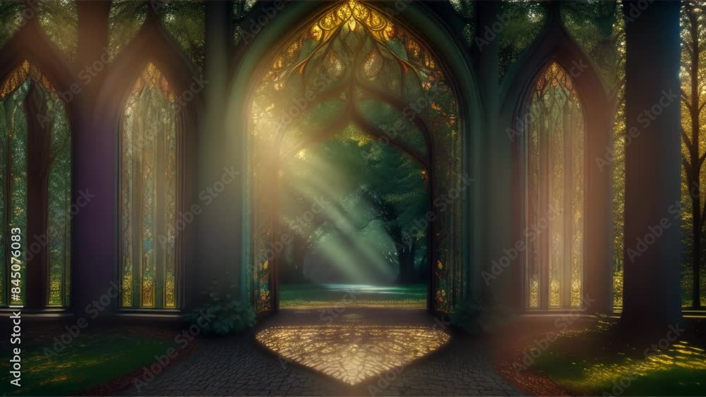 Enchanted forest gateway with vibrant stained glass casting magical light. Fantasy art concept Enchanted forest gateway with vibrant stained glass casting magical light. Fantasy art concept