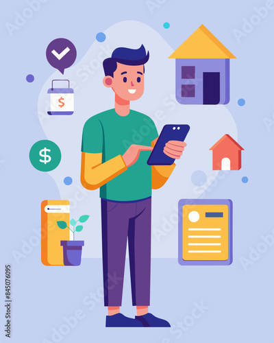 Using the digital payment app a student sends a request for payment to his flatmates for their portion of the rent and utility bill.. Vector illustration