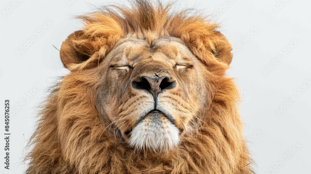 Adult male lion with closed eyes Panthera leo on a white background Adult male lion with closed eyes Panthera leo on a white background