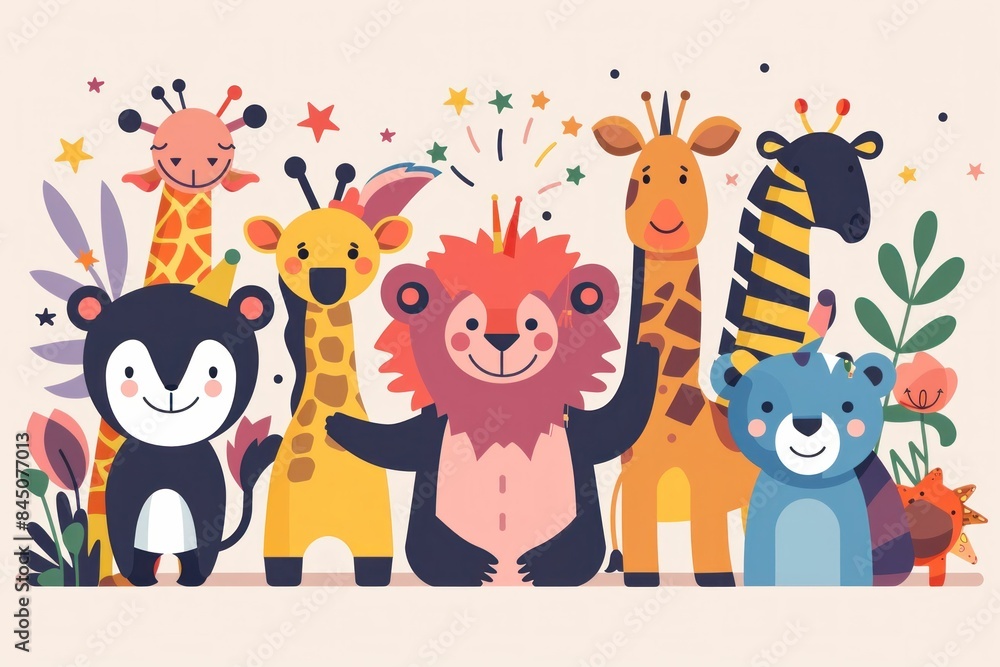 Obraz premium Colorful Cartoon Animals Standing Together in Front of a Starry Floral Background for Fun and Joyful Adventure