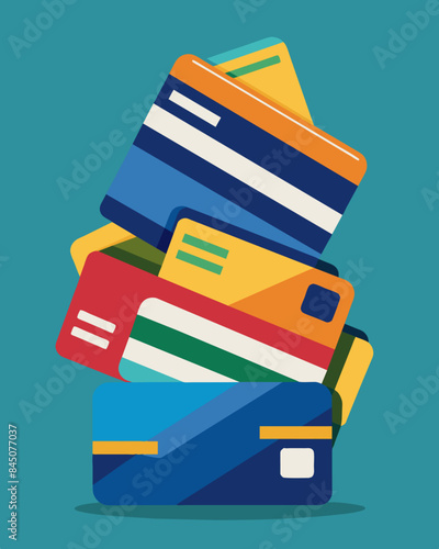 Multiple credit cards stacked on top of each other creating a sense of overwhelming pressure and anxiety when one thinks of their credit card debt.. Vector illustration