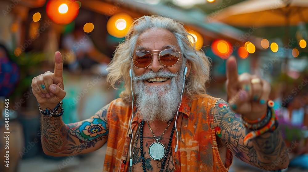 Obraz premium A vibrant hippie and groovy grandpa sporting original style and tattoos, immersing himself in music with headphones, points his fingers upward, embodying an active and joyful lifestyle concept for sen