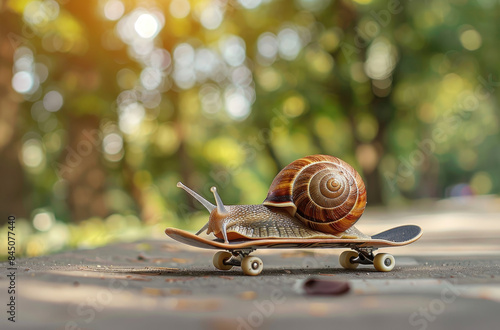 A snail riding on a skateboard in an urban park