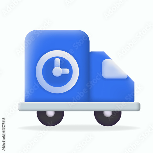 3D icon illustration blue delivery truck with a clock icon. Ideal for logistics, express shipping, and time-sensitive deliveries. Enhance your e-commerce and transportation content with this graphic.