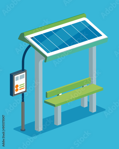 The bus stops solarpowered bench not only provides a place for commuters to rest but also has builtin USB ports for charging devices and displays realtime information about bus. Vector illustration