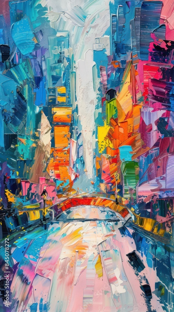 Fototapeta premium Immerse yourself in the world of modern impressionism with a breathtaking painting depicting a kinetic pedestrian bridge.