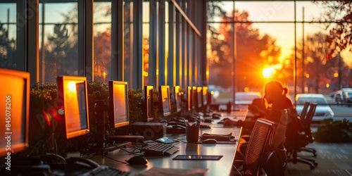 In a vibrant technical support hub, agents are immersed in customer service, enveloped by the gentle embrace of natural light streaming through office windows, casting soft shadows across the room 