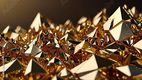 3d render, abstract gold crystal background, faceted texture, macro panorama, wide panoramic polygonal wallpaper Generative AI