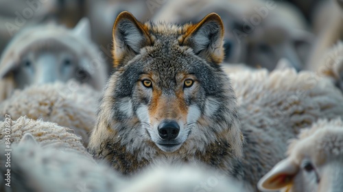 A wolf concealed within the guise of sheep, guiding their path or lurking, anticipating the opportune moment to execute its hidden motives, embodying the concepts of identity and difference, the singu