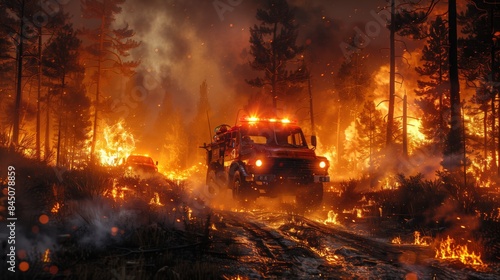 Firefighters Battling Intense Forest Fire. Firefighters with a fire truck fighting a massive forest fire at night, surrounded by towering flames and smoke.