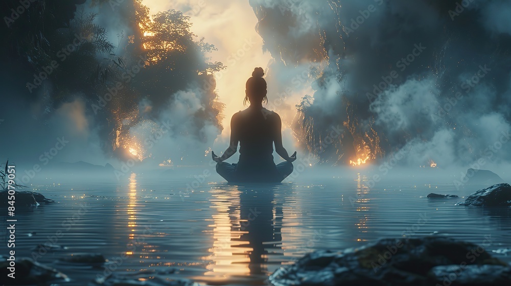 In the tranquil embrace of nature, a woman immersed in the meditative art of yoga finds profound spiritual awakening and a blissful state of nirvana, her practice illuminated by ethereal, mystical lig In the tranquil embrace of nature, a woman immersed in the meditative art of yoga finds profound spiritual awakening and a blissful state of nirvana, her practice illuminated by ethereal, mystical lig