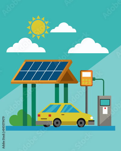 The charging stations solar panels are adjustable allowing for maximum exposure to sunlight and increased efficiency in powering electric cars.. Vector illustration