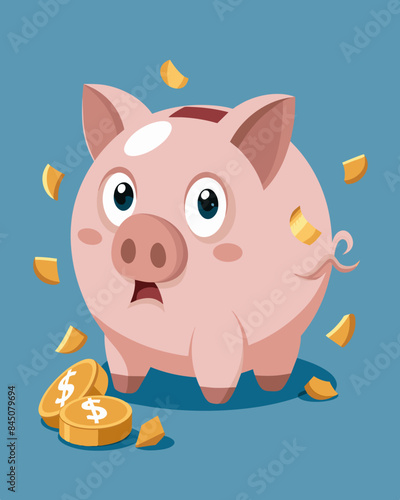 The once adorably chubby piggy bank is now cracked revealing its emptiness as numerous coins roll around it.. Vector illustration