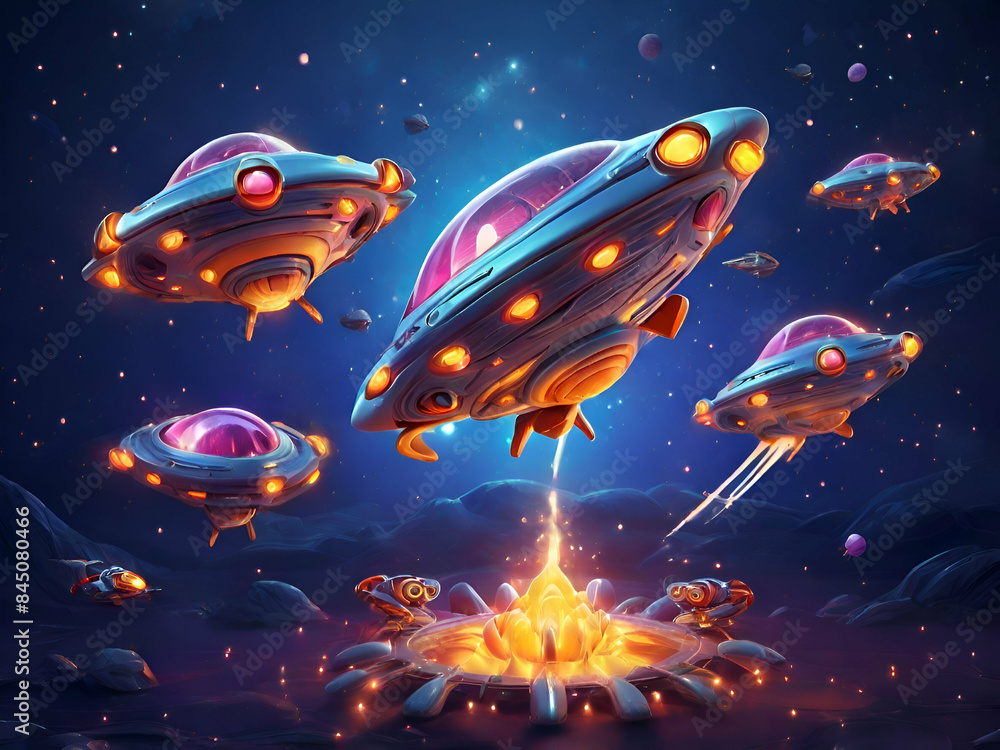 abstract cute childish Alien space ships cartoon ufo saucers and rockets take off with fire beams Fantasy bizarre shuttles abstract cute childish Alien space ships cartoon ufo saucers and rockets take off with fire beams Fantasy bizarre shuttles