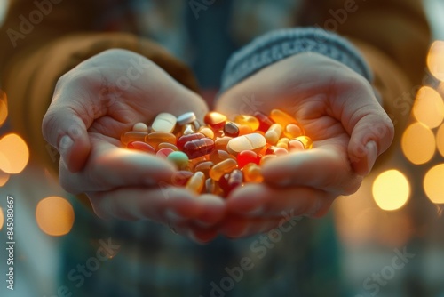 A person is holding a handful of pills. Medical and Health care concept