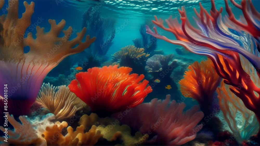 Vibrant glass art depicting a coral reef bustling with marine life, employing layering and light to mimic underwater scenes. Aquatic art concept Vibrant glass art depicting a coral reef bustling with marine life, employing layering and light to mimic underwater scenes. Aquatic art concept