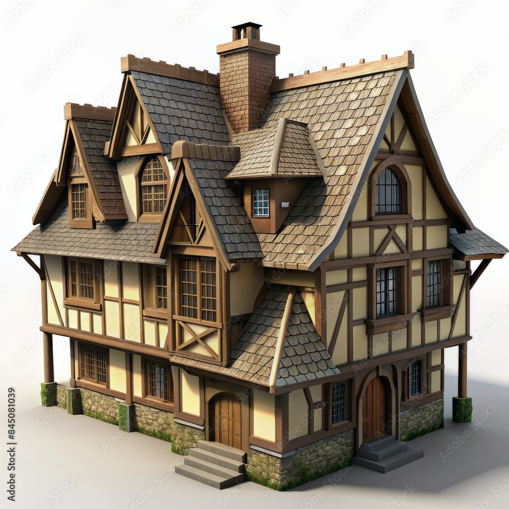 3D Render of a Tudor-style Almshouse, on isolated white background, Generative AI 3D Render of a Tudor-style Almshouse, on isolated white background, Generative AI