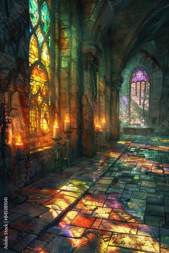 A church with a stained glass window and candles lit in the aisle