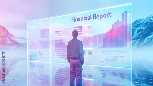 Holographic Financial Presentation by a Man: Ideal for Depicting Technology Innovation, Business Management, Financial Analysis, Corporate Presentations, Financial Reporting.  © Pippin