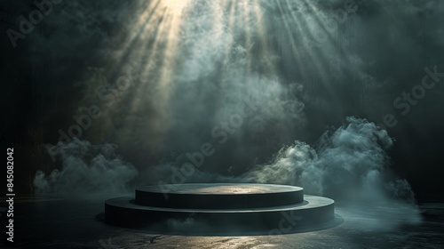 A dramatic, dark background with a circular podium illuminated by a spotlight and surrounded by swirling smoke.