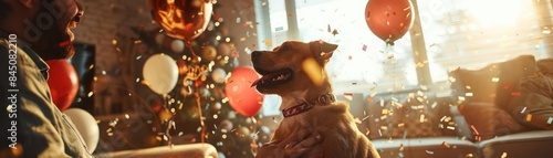 Happy dog enjoying a celebration with balloons and confetti in a cozy living room, sunlight streaming through the windows. photo