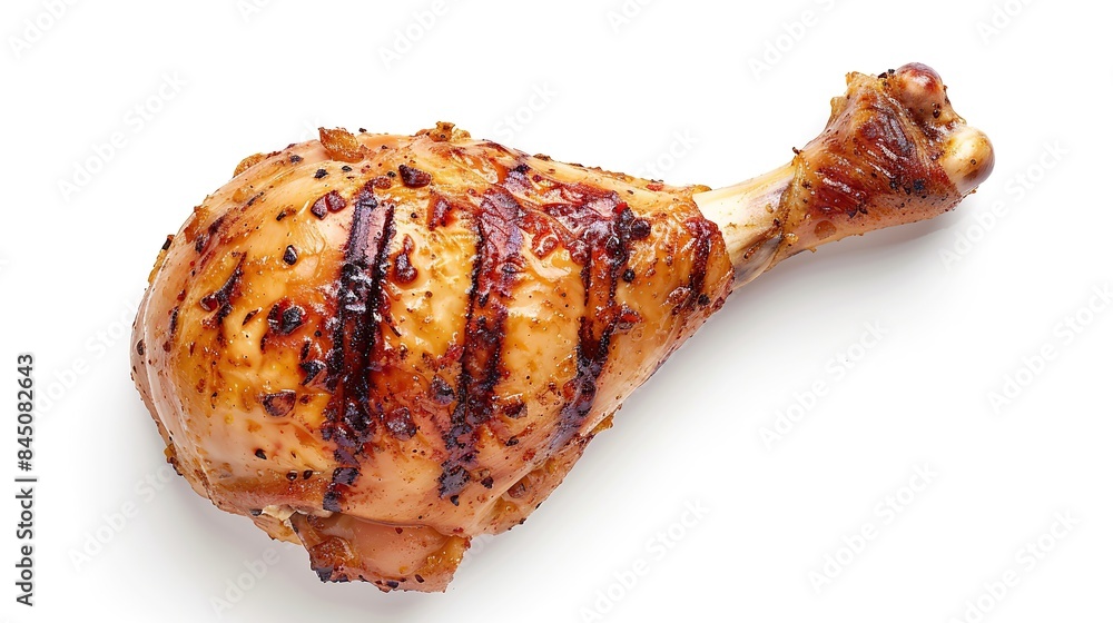 Tasty grilled chicken leg on white background, top view. BBQ food. copy space for text. Tasty grilled chicken leg on white background, top view. BBQ food. copy space for text.