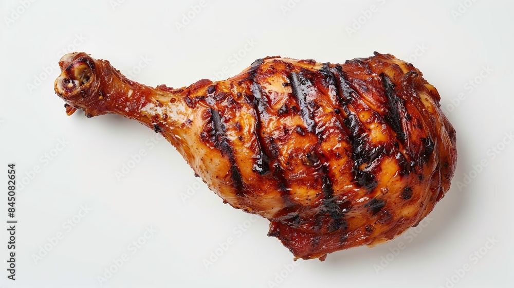 Tasty grilled chicken leg on white background, top view. BBQ food. copy space for text. Tasty grilled chicken leg on white background, top view. BBQ food. copy space for text.