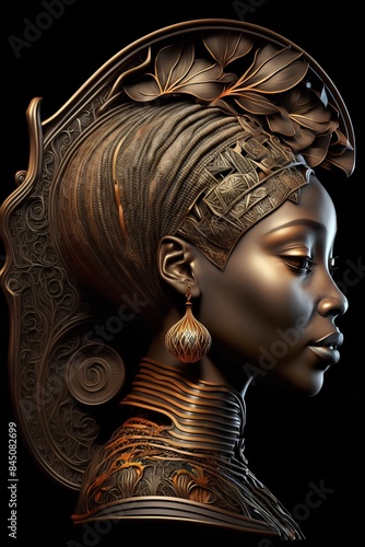 African woman with afro hairstyle and golden jewelry. 3d rendering