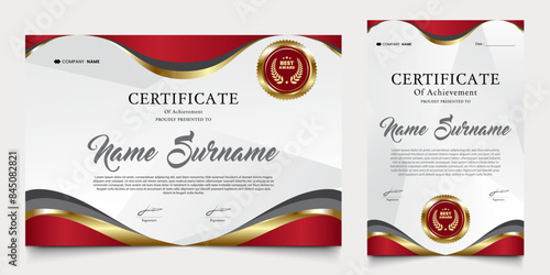 certificate with modern background of red and gold colors. graduation design elements, best employees and others.