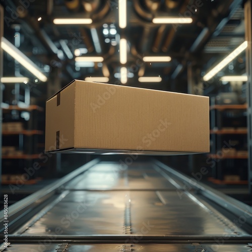 A cardboard box is floating in the air above a conveyor belt. Logistic concept