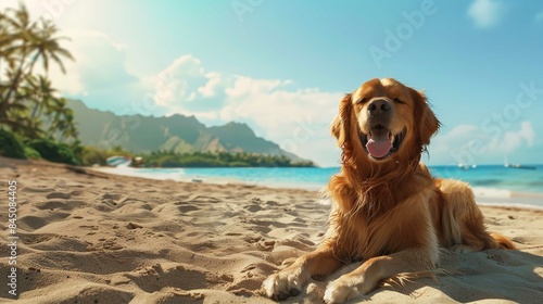 Golden Retriever Dog on Summer Vacation at Seaside