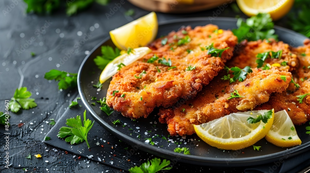 Close-Up Shot of Crispy Breaded Pork Schnitzel with Lemon Wedges and Fresh Parsley on Plate Close-Up Shot of Crispy Breaded Pork Schnitzel with Lemon Wedges and Fresh Parsley on Plate