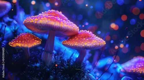 Magic mushrooms psychedelic mushrooms with neon light background © Koplexs-Stock